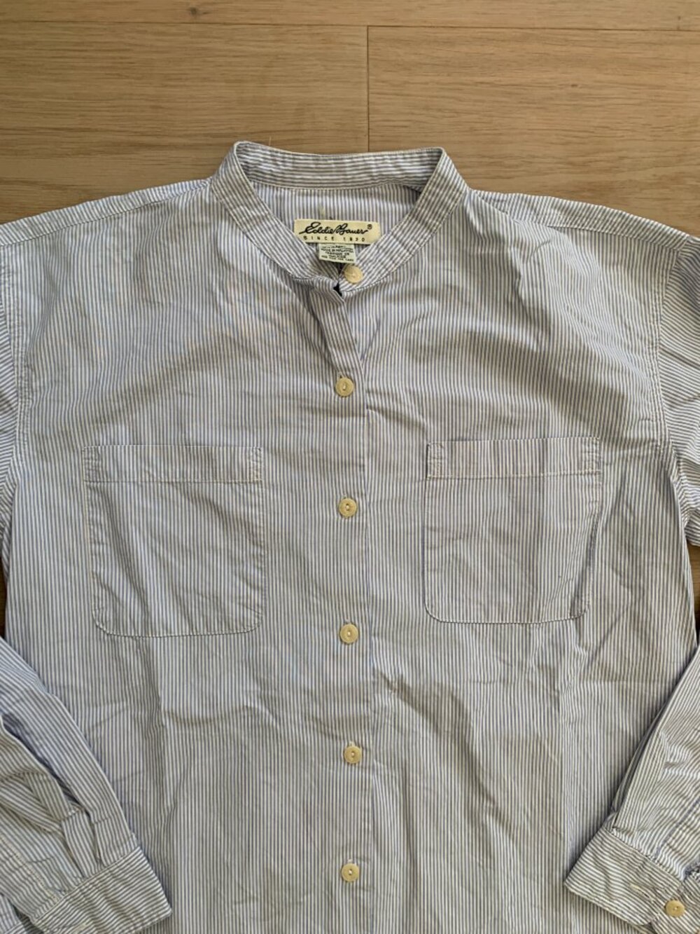 Vintage Collarless Button Up Shirt Women’s Small Blue White Stripe Coastal Style - Picture 5 of 8